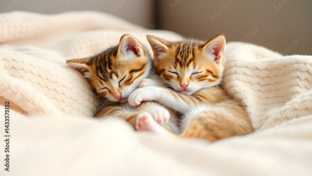 Two Adorable Kittens Snuggling on a Soft Blanket Two Adorable Kittens Snuggling on a Soft Blanket