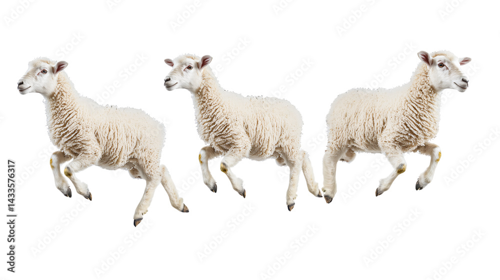 Obraz premium Energetic Little Sheep Jumping in the Air Isolated on White Background