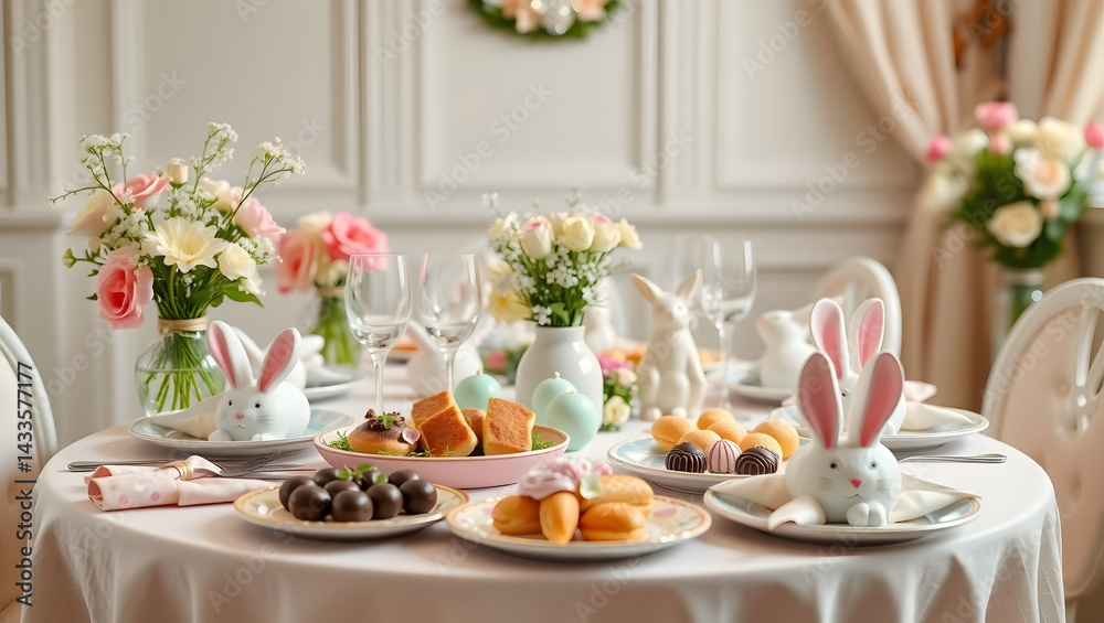 Fototapeta premium Charming Easter Brunch Table Setting Elegant Decor & Delicious Treats