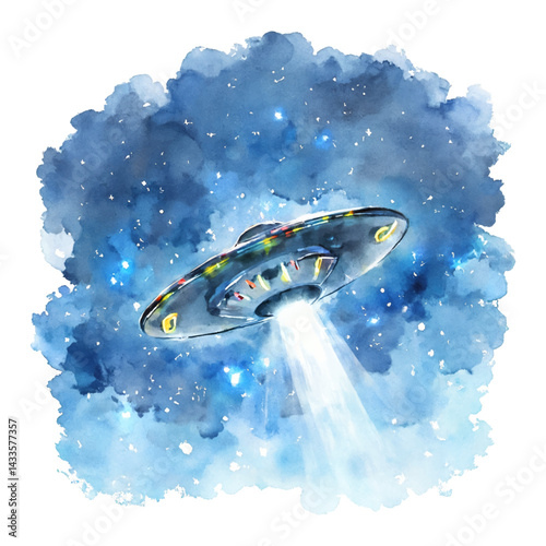 UFO Ship Shining in Night Sky with Beam Isolated Hand Drawn Watercolor Painting Illustration