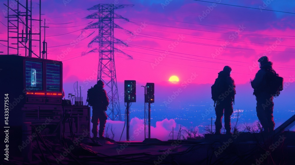 Fototapeta premium Scientists in protective suits observing artificial cloud brightening from remote station, foggy horizon, experimental atmosphere manipulation, Climate Engineering and control