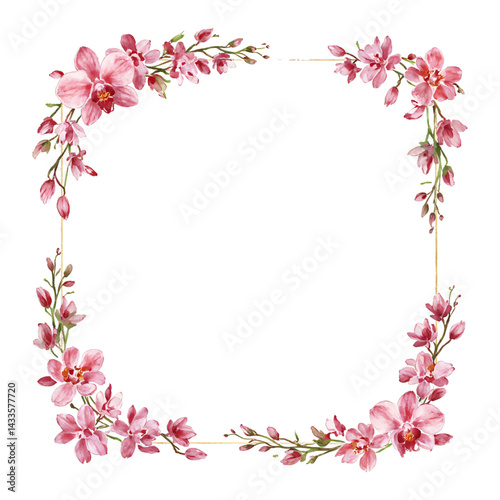 Vintage Frame Made of Pink Orchid Flowers Isolated Hand Drawn Watercolor Painting Illustration