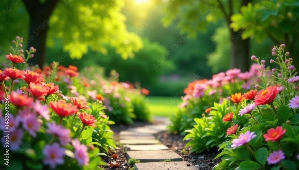 Fototapeta premium Tranquil garden scene, creatively landscaped with blooming flowers , aesthetic, trees, leaves