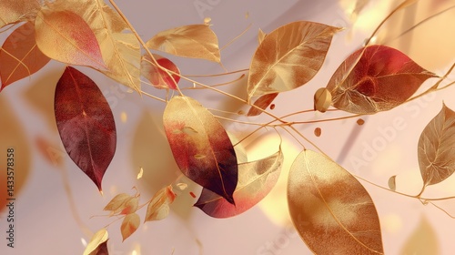 Elegant golden leaves illustration, autumn foliage, falling leaves concept. Perfect for seasonal designs, backgrounds, and decorative arts. in flat design style