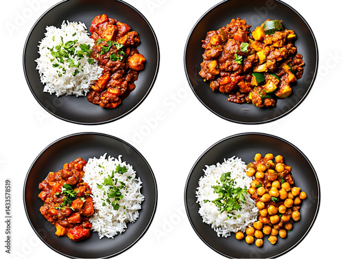 Photo of Various Cooked Dishes with Rice on Black Plates in Isolated Background