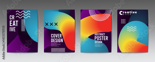 poster design, Modern gradient poster background vector set. Minimalist cover template with vibrant perspective geometric prism shapes in motion. Ideal design for social media, cover, banner, flyer.