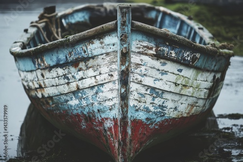 Weathered wooden boat resting on a water's edge. photo