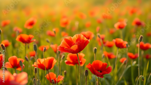 Vibrant Poppy Field Panorama Sunset Meadow Background