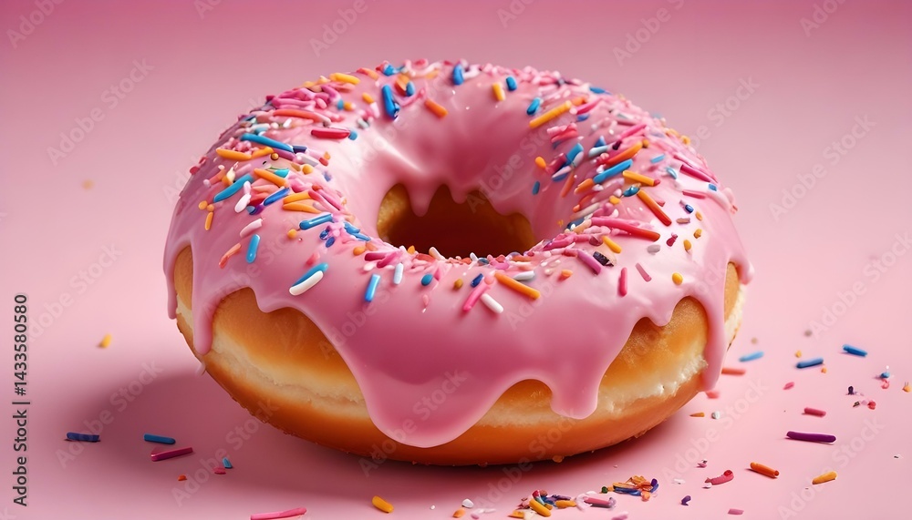 A delightful donut with vibrant pink frosting and colorful sprinkles on a soft pink surface. A delightful donut with vibrant pink frosting and colorful sprinkles on a soft pink surface.