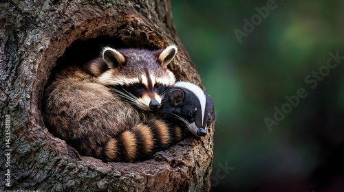 Raccoon And Skunk Baby In Tree Hole Nest