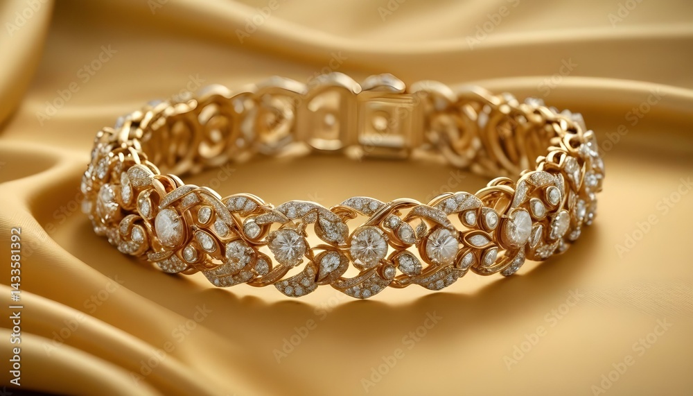 Obraz premium A stunning gold bracelet, lavishly decorated with brilliant diamonds, elegantly displayed on a golden fabric.