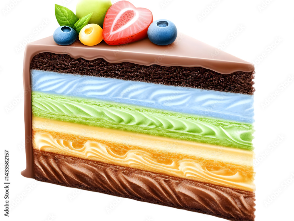 Realistic Illustration of a Layered Chocolate Cake Slice with Berries Isolated