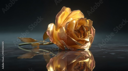 Elegant golden rose resting on reflective surface, luxury and beauty concept. Perfect for Valentines Day, anniversaries, and high-end branding. in flat design style
