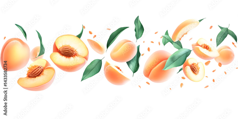Realistic Illustration Of Peaches With Slices And Leaves On Transparent Background
