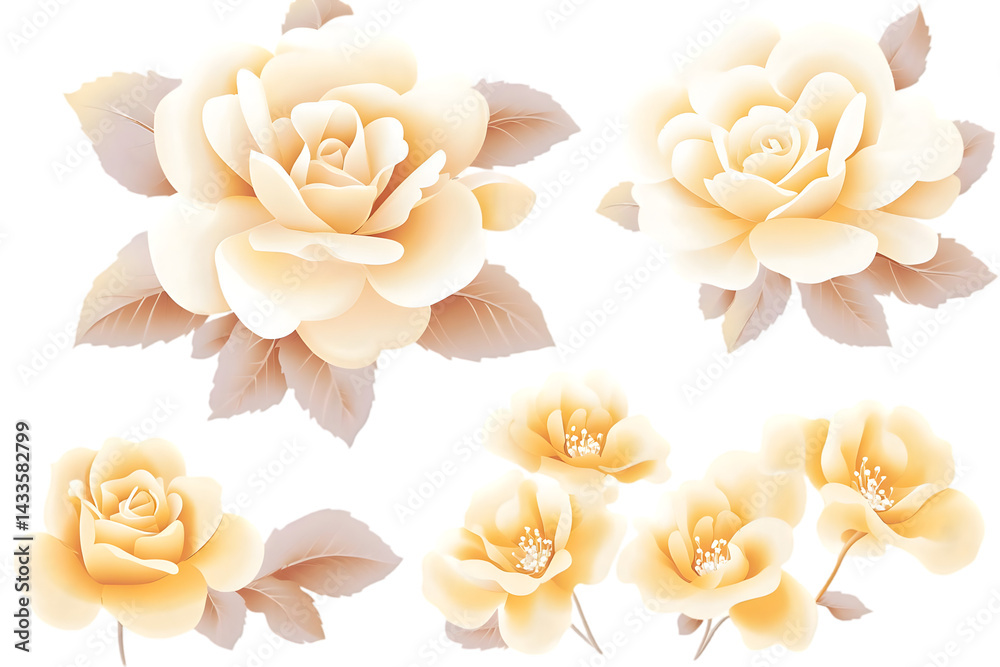 Realistic Illustration Of Isolated Yellow Roses With Beige Leaves