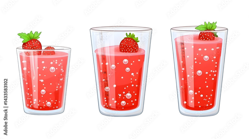Realistic Illustration of Strawberry Juice Drinks In Glass with Bubbles and Mint