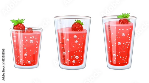 Realistic Illustration of Strawberry Juice Drinks In Glass with Bubbles and Mint