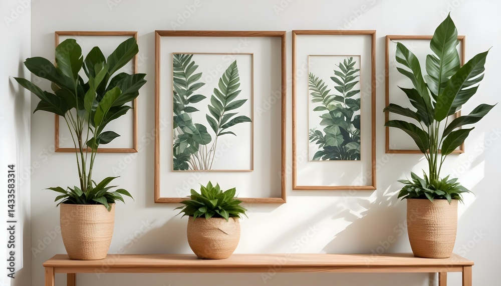 Elegant arrangement showcasing botanical prints, framed by indoor plants in woven pots on a console.