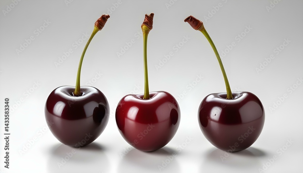 Three perfect cherries are displayed, showcasing their rich red color and vibrant appeal. Three perfect cherries are displayed, showcasing their rich red color and vibrant appeal.