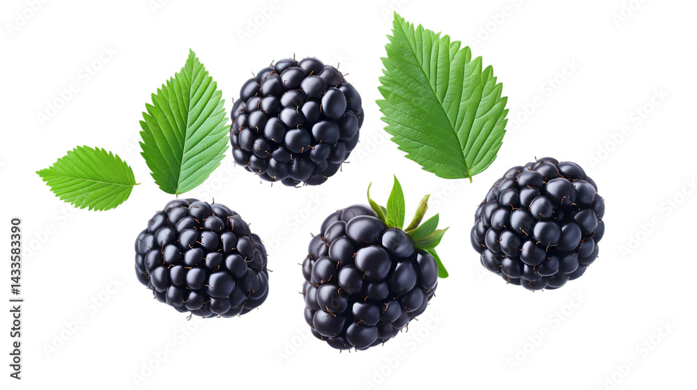 Realistic Image of Ripe Blackberries and Green Leaves Isolated on Transparent Black Background