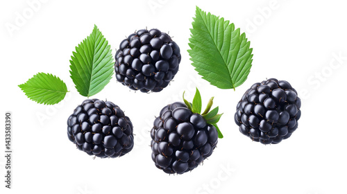 Obraz na płótnie Realistic Image of Ripe Blackberries and Green Leaves Isolated on Transparent Black Background w salonie