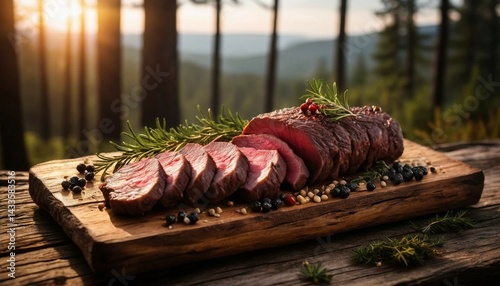 Wilderness Feast: Grilled Meat on Rustic Board
