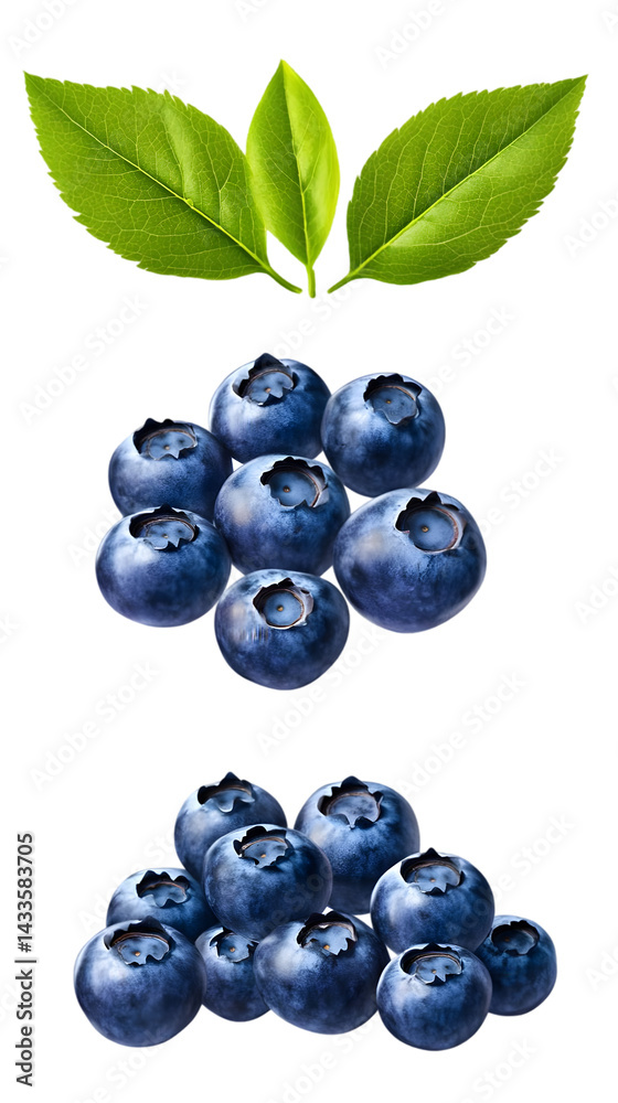 Realistic Isolated Blueberry Fruit Illustration With Green Leaves on Black Background