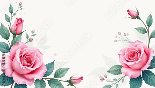 Delicate watercolor roses & leaves, soft pastel hues, graphic, blossom