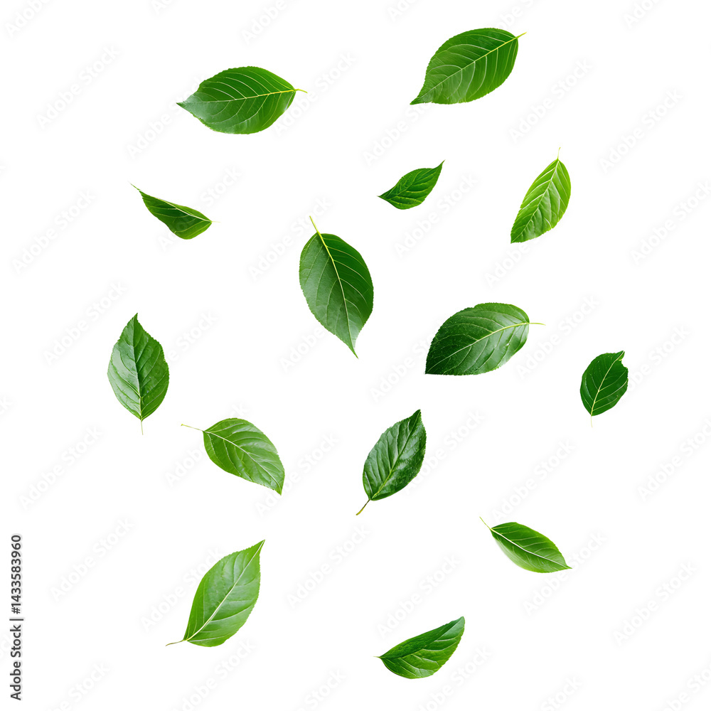 Naklejka premium photo green leaves falling separately on a white background