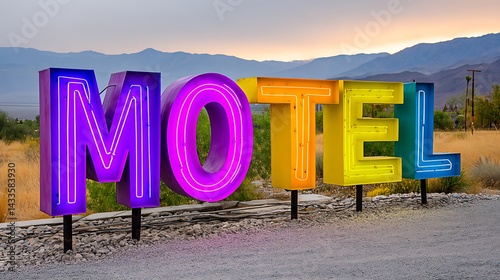 A colorful neon motel sign stands against a backdrop of mountains and desert landscape at sunset