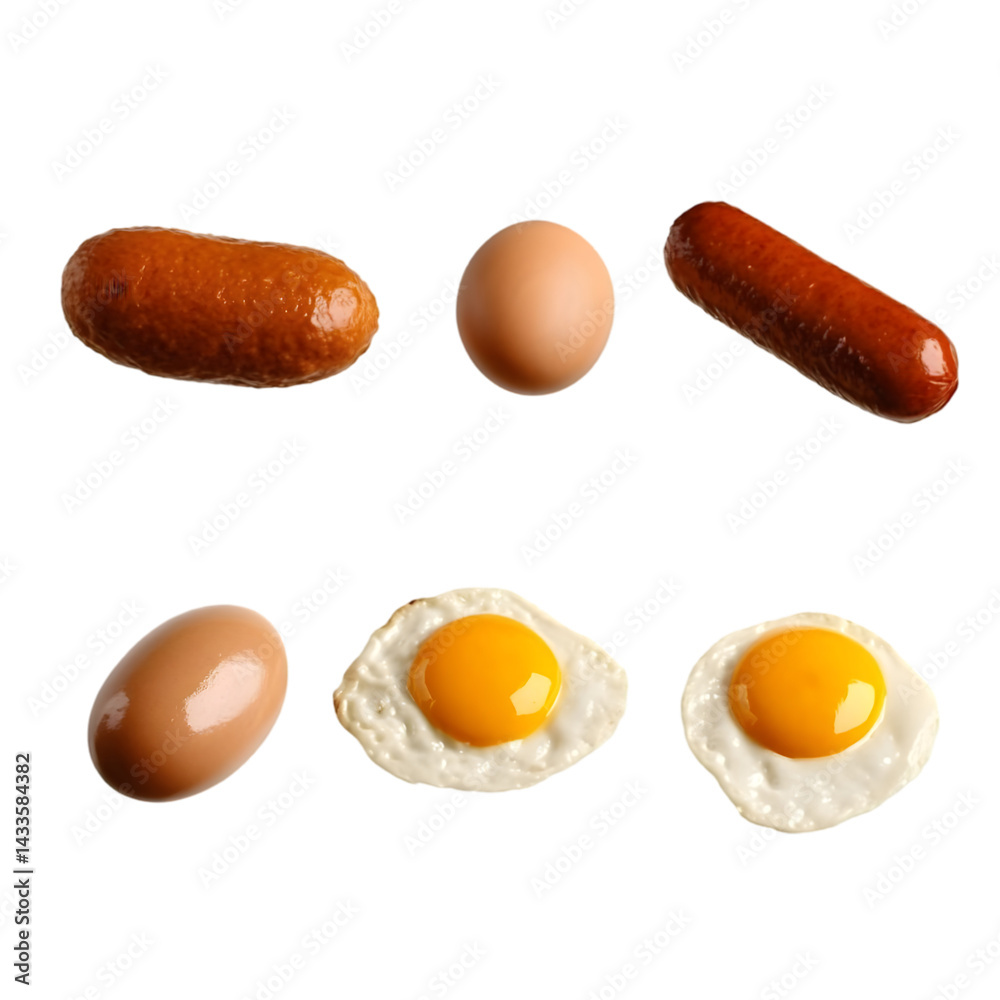 Realistic Photo of Breakfast Food with Eggs and Sausages Isolated