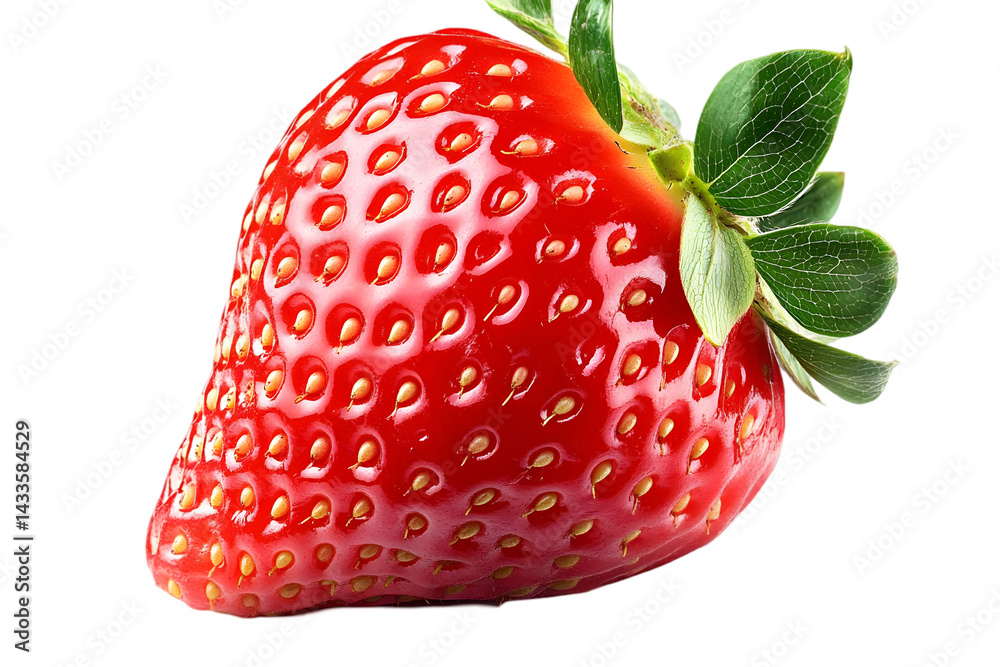 Realistic Photo Of A Single Ripe Red Strawberry With Green Leaves Isolated On Transparent Background