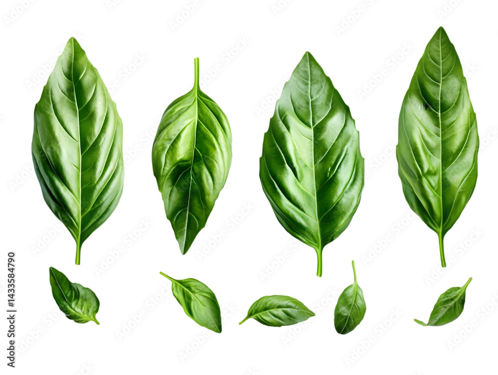 Realistic Photo of Green Basil Leaves Isolated on Transparent Background