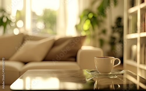 A blurry living room with a sofa and coffee table, the close-up of the bookcase in focus, a beige sofa with brown pillows, a coffee cup on the glass-top coffee table, a blurred background, window ligh