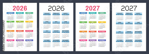 2026 and 2027 year calendar set. Color vector pocket calender design. Week starts on Sunday. January, February, March, April, May, June, July, August, September, October, November, December