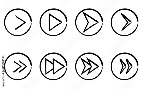 手描きの白黒でかわいいシンプルな矢印アイコンのセット、三角・再生・早送り（丸ボタンタイプ）