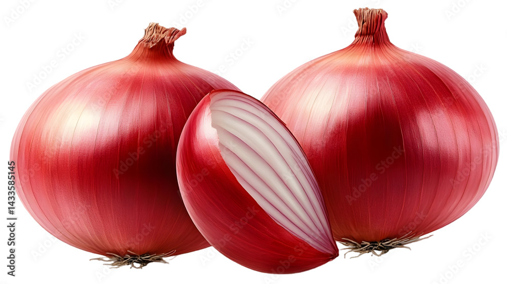 Realistic Photo of Red Onions Whole And Cut Isolated on Transparent Background