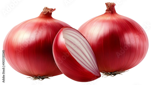 Obraz na płótnie Realistic Photo of Red Onions Whole And Cut Isolated on Transparent Background w salonie
