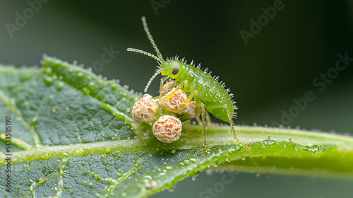 Tiny Green Insect with White Specks Beside Clusters of Yellow Eggs on a Leaf with Detailed Texture