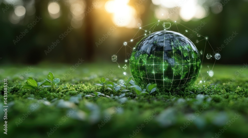 Green globe with network connections on moss. Green globe with network connections on moss.
