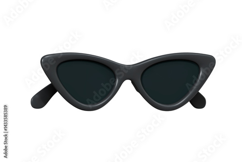 3D Black Sunglasses. Front view cat eye glasses. Summer time object. Travel accessory. Cartoon design icon. 3D Vector illustration