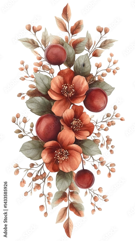 Realistic Watercolor Floral Arrangement with Red and Brown Blooms Isolated