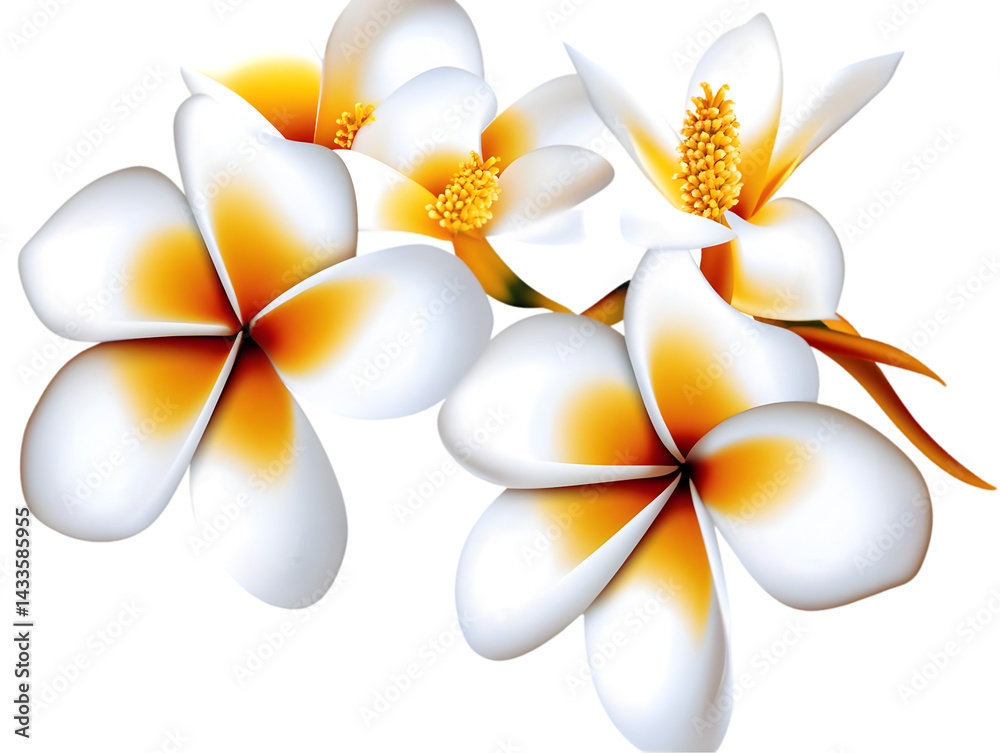 Realistic White And Yellow Plumeria Flowers Isolated On Transparent Background