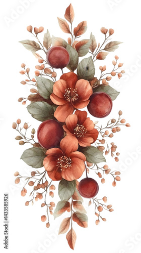 Obraz na płótnie Realistic Watercolor Floral Arrangement with Red and Brown Blooms Isolated w salonie