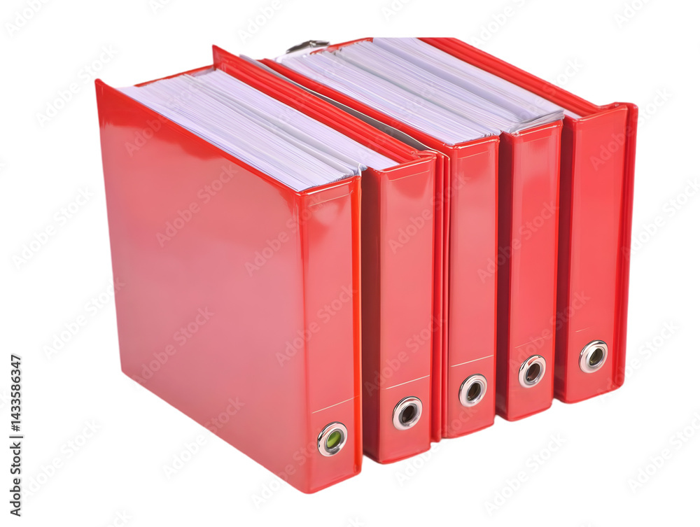 Red Binders Stacked Vertically with Isolated Transparent Background