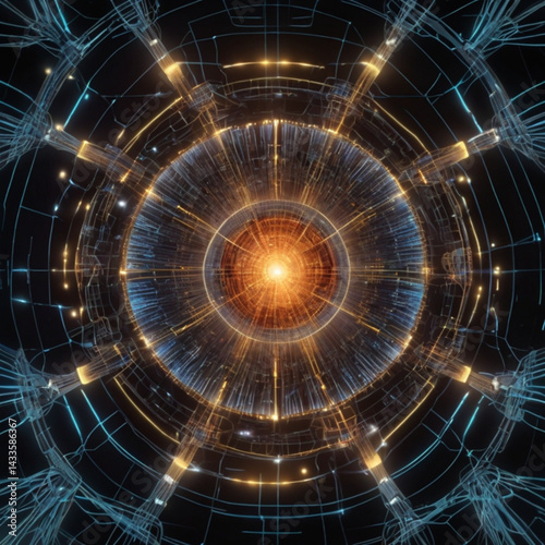 Abstract rendering of a complex network with a central glowing orb and intricate wireframe details created with generated ai