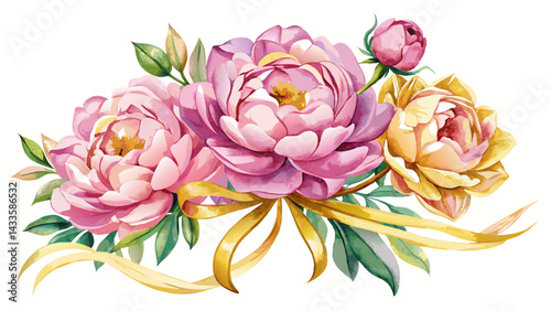  Very beautiful pink and yellow peonies wedding gold ribbon tied white Background ,transparent background