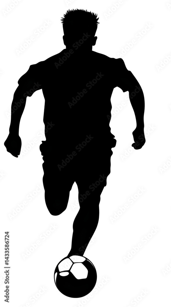 Silhouette Of A Soccer Player Kicking Ball In Dynamic Action Isolated On Black