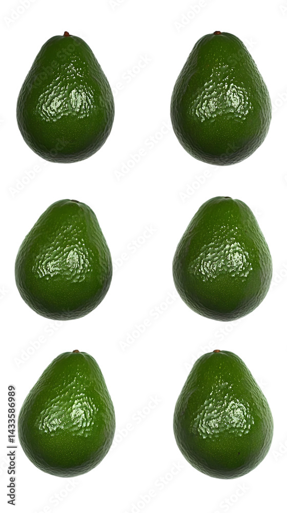 Six Green Avocados Isolated on Transparent Background Realistic Photo