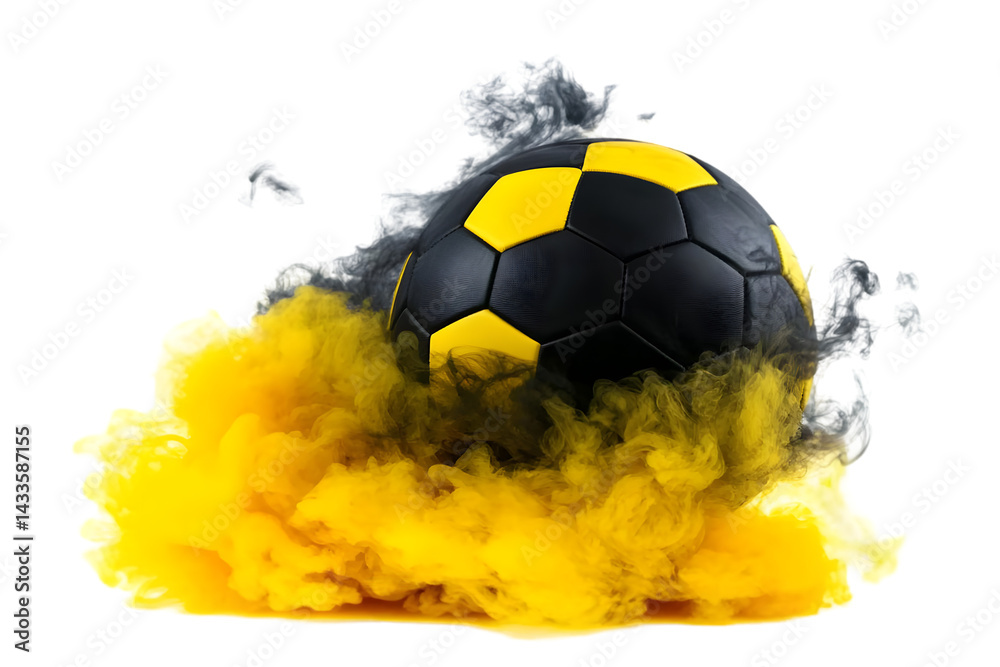 Soccer Ball Surrounded By Yellow And Gray Smoke Illustration On Isolated Background